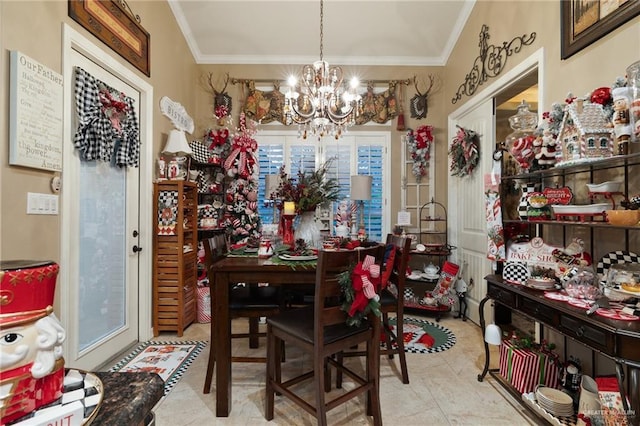 tiled dining area with crown molding, a wealth of natural light, and a notable chandelier