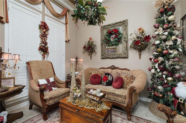 living area featuring tile patterned flooring