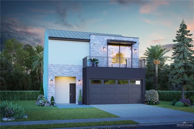 modern home featuring a balcony, a standing seam roof, stucco siding, stone siding, and metal roof