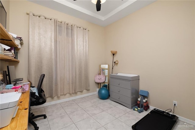 office featuring ceiling fan and light tile patterned floors