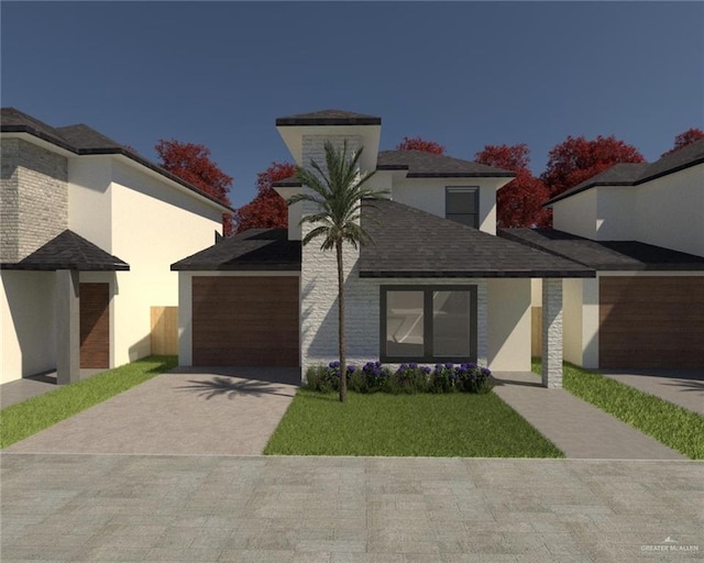 2508 E Solar Dr, Mission, TX 78501 - view of front of property featuring driveway, stucco siding, roof with shingles, a garage, and a front lawn