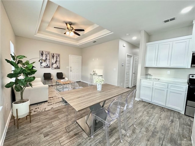 dining area with a tray ceiling and ceiling fan