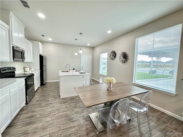 kitchen with sink, an island with sink, pendant lighting, stainless steel appliances, and white cabinets