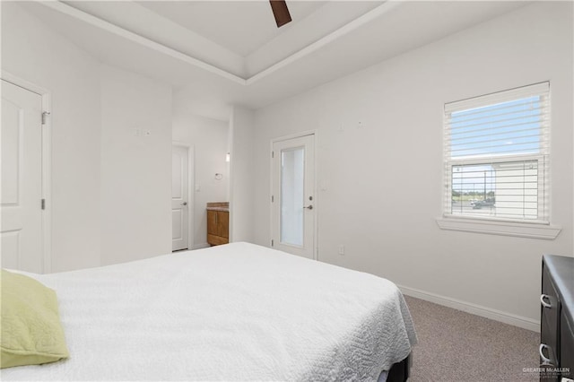 bedroom featuring ceiling fan, carpet, and ensuite bathroom