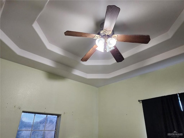 details featuring a tray ceiling and ceiling fan