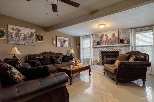 living room with beam ceiling, ceiling fan, and a brick fireplace