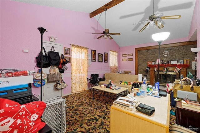 office with ceiling fan, carpet floors, and vaulted ceiling with beams