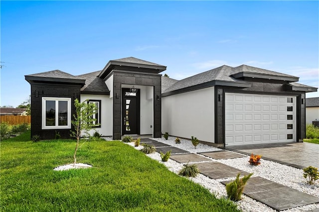 prairie-style home featuring a garage and a front lawn