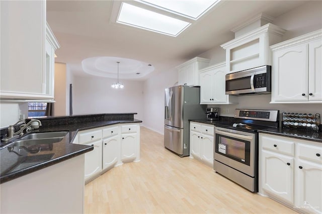 kitchen with white cabinetry, sink, decorative light fixtures, a tray ceiling, and appliances with stainless steel finishes