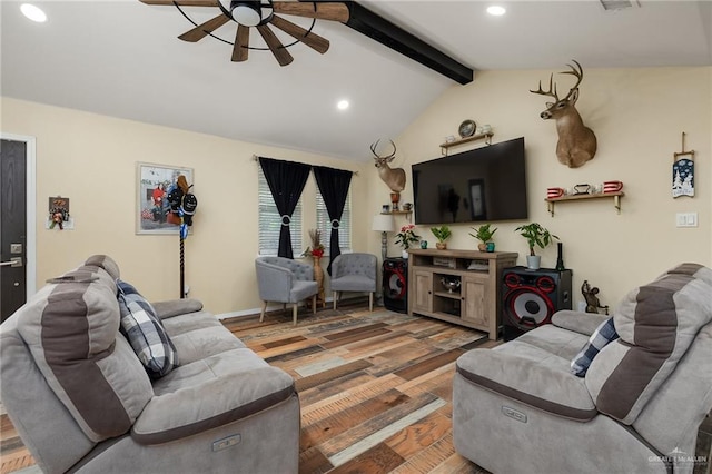 living room featuring hardwood / wood-style floors, lofted ceiling with beams, and ceiling fan