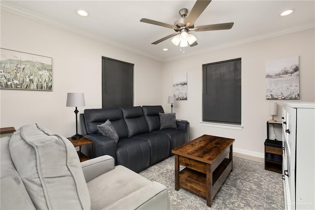 2203 Kingfisher Ln, Mission, TX 78572 - living room with ceiling fan, recessed lighting, ornamental molding, and baseboards