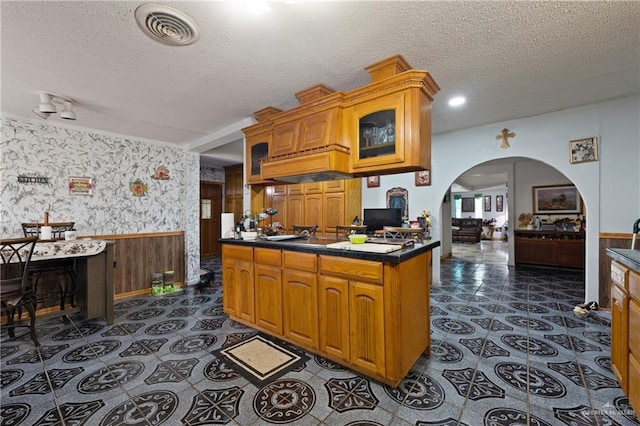 15668 Primera Rd, Harlingen, TX 78552 - kitchen with a textured ceiling, a wainscoted wall, brown cabinets, glass insert cabinets, and dark countertops