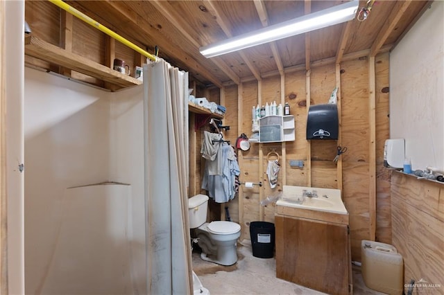 15668 Primera Rd, Harlingen, TX 78552 - full bath featuring toilet, curtained shower, vanity, and concrete floors