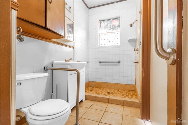 full bathroom with tile patterned flooring, toilet, and a stall shower