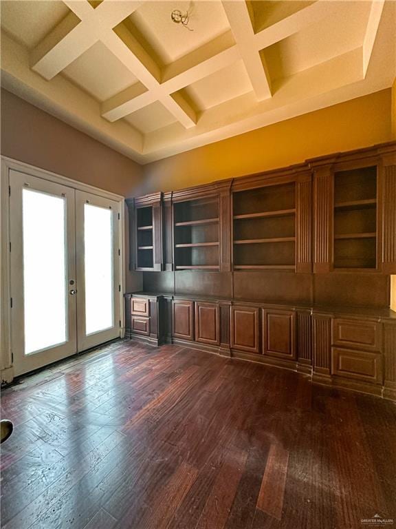 4132 Cosentino Dr, Mcallen, TX 78504 - unfurnished office featuring coffered ceiling, french doors, dark wood-type flooring, and beamed ceiling