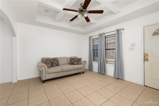 tiled living room featuring beam ceiling, ceiling fan, and coffered ceiling