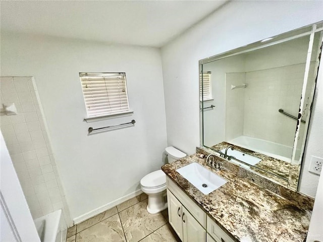 full bathroom with vanity, tile patterned flooring, toilet, baseboards, and bathtub / shower combination