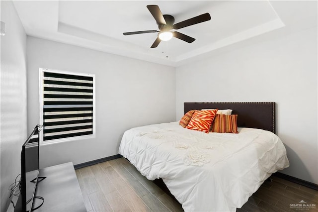 16311 Citrus Dr, Mcallen, TX 78541 - bedroom featuring a raised ceiling, wood finished floors, and a ceiling fan
