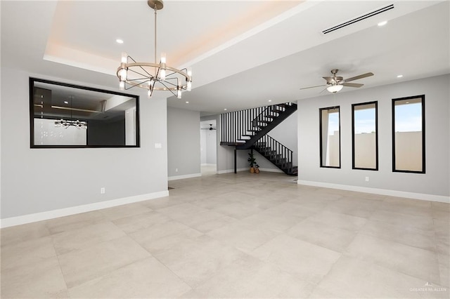 unfurnished living room with stairway, recessed lighting, visible vents, and baseboards