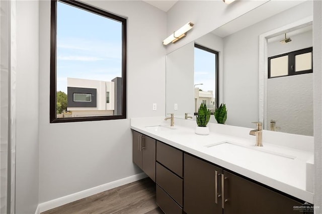 full bath with double vanity, a sink, baseboards, and wood finished floors