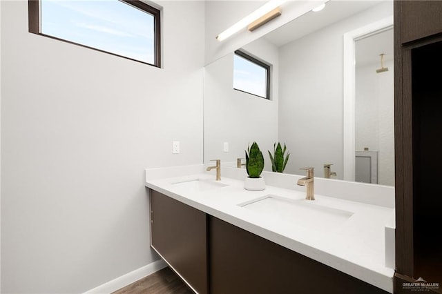 bathroom with double vanity, wood finished floors, a sink, and baseboards