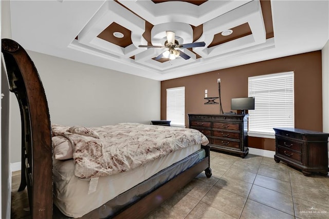 bedroom featuring a tray ceiling, ceiling fan, light tile patterned flooring, and coffered ceiling