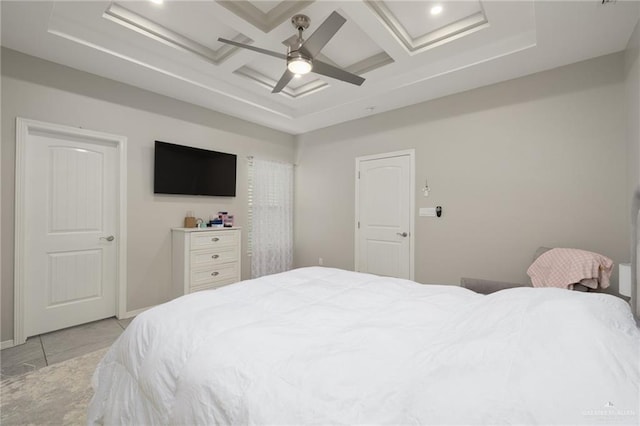 10312 N 31st St, Mcallen, TX 78504 - bedroom with coffered ceiling, a ceiling fan, light tile patterned floors, and beam ceiling