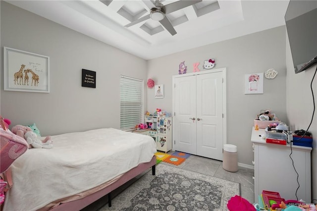 10312 N 31st St, Mcallen, TX 78504 - bedroom with coffered ceiling, a tray ceiling, a closet, and a ceiling fan