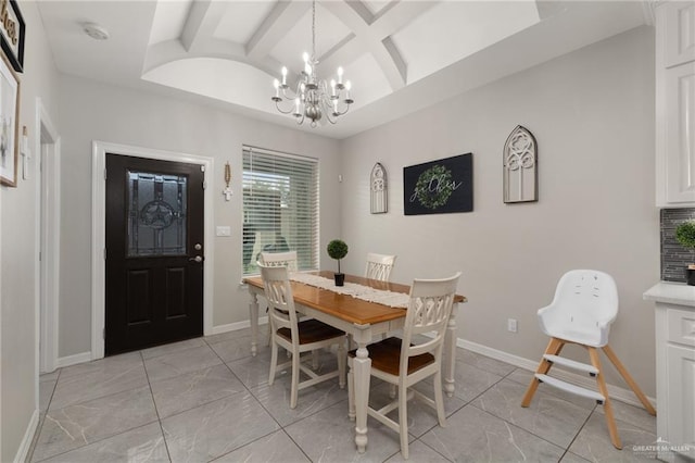 10312 N 31st St, Mcallen, TX 78504 - dining space featuring a chandelier, light marble finish floors, baseboards, and coffered ceiling
