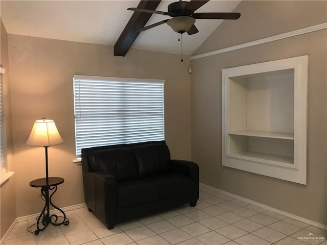 sitting room featuring light tile patterned flooring, vaulted ceiling with beams, and ceiling fan