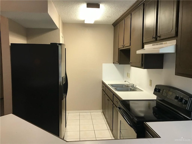 kitchen with sink, stainless steel fridge with ice dispenser, dark brown cabinets, black range with electric cooktop, and a textured ceiling