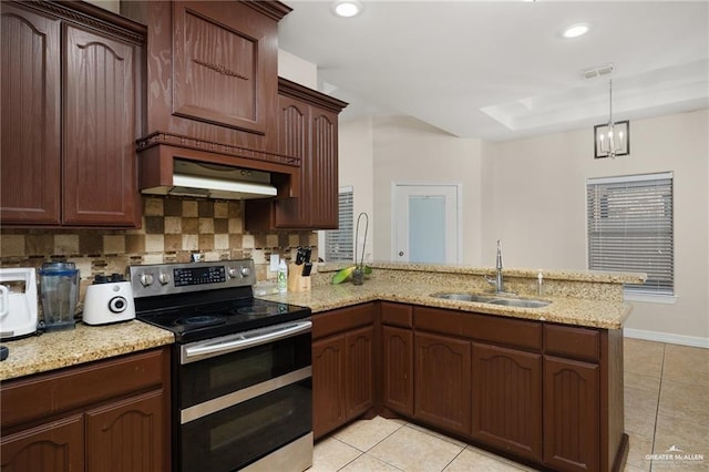 kitchen featuring sink, decorative backsplash, range with two ovens, light tile patterned floors, and kitchen peninsula