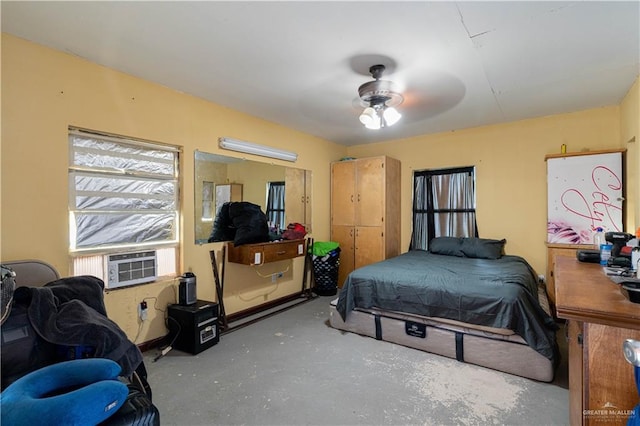6402 S Mars Ln, Pharr, TX 78577 - bedroom featuring ceiling fan, unfinished concrete flooring, and cooling unit