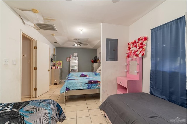 6402 S Mars Ln, Pharr, TX 78577 - bedroom with a ceiling fan, visible vents, light tile patterned flooring, electric panel, and a raised ceiling