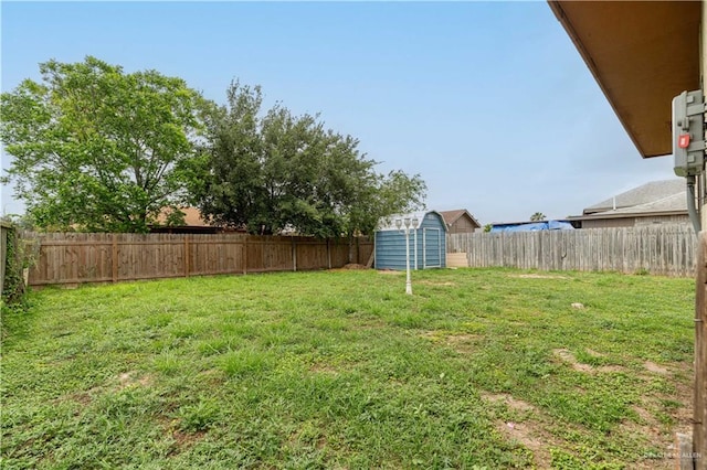 6402 S Mars Ln, Pharr, TX 78577 - view of yard featuring an outbuilding, a fenced backyard, and a storage unit