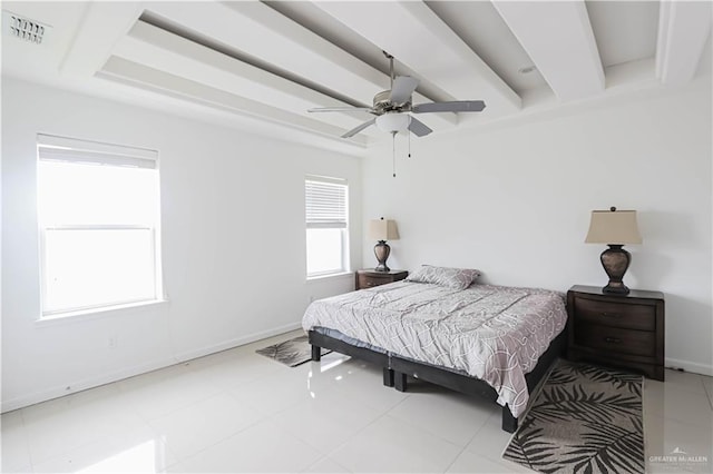 bedroom featuring a ceiling fan, baseboards, visible vents, and beam ceiling