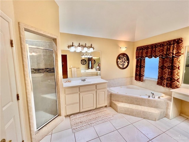 bathroom featuring tile patterned flooring, plus walk in shower, lofted ceiling, and vanity