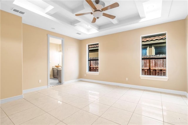 3210 Salvador Ave, Edinburg, TX 78539 - spare room featuring coffered ceiling, light tile patterned floors, ceiling fan, visible vents, and beam ceiling