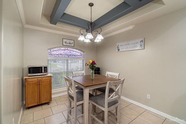 3831 Spicewood Dr, Edinburg, TX 78542 - dining room featuring light tile patterned floors, a raised ceiling, crown molding, a chandelier, and baseboards
