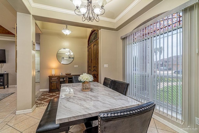 3831 Spicewood Dr, Edinburg, TX 78542 - dining room featuring healthy amount of natural light, crown molding, a chandelier, light tile patterned flooring, and baseboards