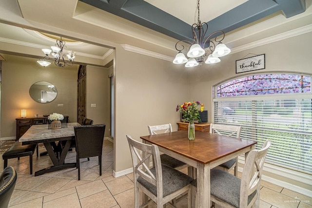 3831 Spicewood Dr, Edinburg, TX 78542 - dining room with a chandelier, a raised ceiling, light tile patterned flooring, baseboards, and crown molding