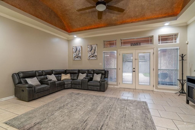 3831 Spicewood Dr, Edinburg, TX 78542 - living area with lofted ceiling, french doors, tile patterned flooring, a ceiling fan, and ornamental molding