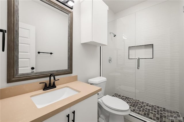 bathroom with vanity, toilet, and a shower with door