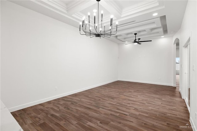 interior space with ceiling fan with notable chandelier, dark wood-type flooring, beamed ceiling, and coffered ceiling