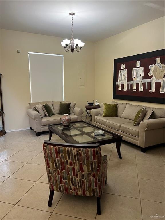 tiled living room with a chandelier