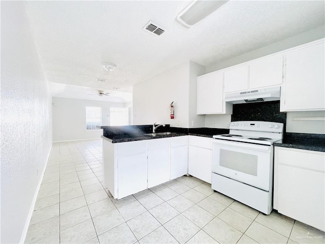 kitchen featuring white range with electric cooktop, dark countertops, visible vents, a peninsula, and under cabinet range hood