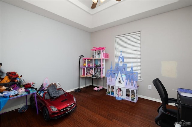 3608 Kingsborough Ave, Mcallen, TX 78504 - playroom featuring wood finished floors, baseboards, a ceiling fan, and a desk