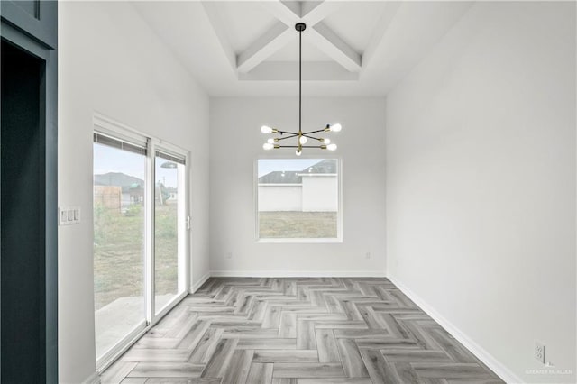 unfurnished dining area with coffered ceiling, an inviting chandelier, beamed ceiling, light parquet floors, and a high ceiling