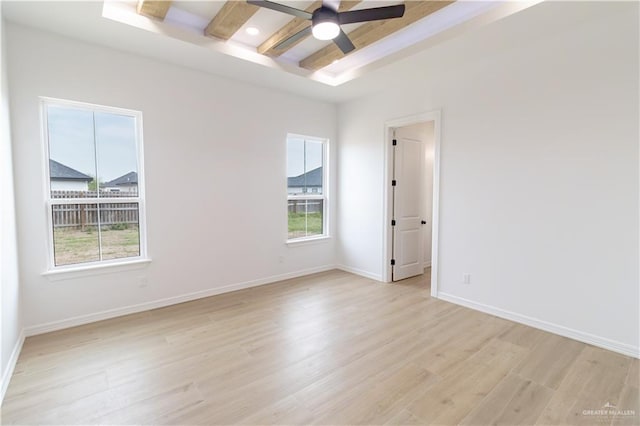 spare room featuring light wood finished floors, a healthy amount of sunlight, a tray ceiling, and baseboards