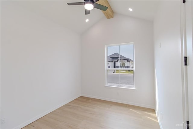 empty room with a ceiling fan, recessed lighting, light wood-style floors, baseboards, and vaulted ceiling with beams